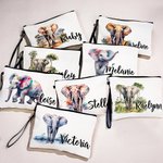 Personalised Watercolour or Jungle Elephant Design Linen Makeup Bag with Name and Wristlet Travel Accessories Birthday Gift for Women Elephant Lovers