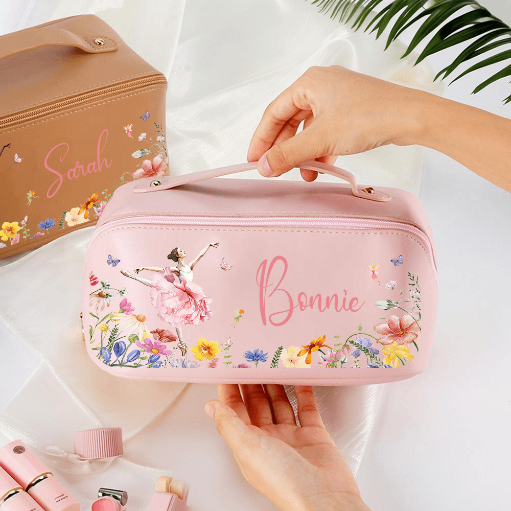 Personalized Ballet Girl Butterfly Cosmetic Bag with Name and Birth Flower, Travel Leather Makeup Pouch with Handle, Gift for Ballet Lover