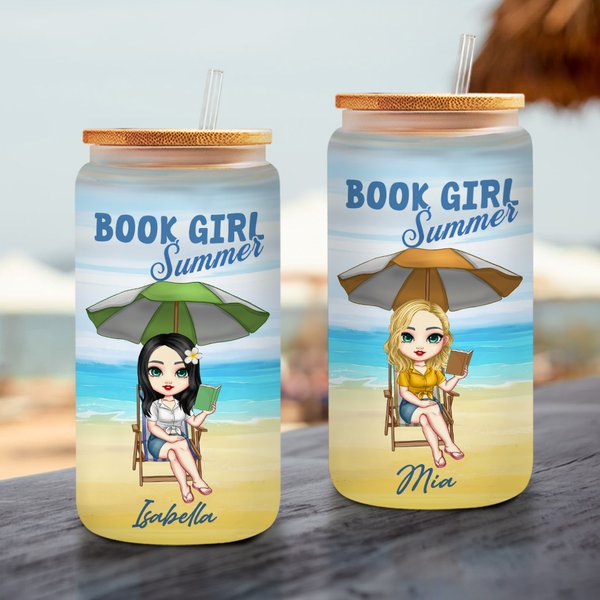 Personalized Summer Book Girl Cartoon Character Name 20 oz Frosted Glass Tumbler with Bamboo Lid and Straw Holiday Vacation Birthday Gift for Women
