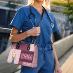Personalized Leopard Print Cartoon Medical Character PU Leather Tote Bag with Name Nurse Week Birthday Gift for Medical Assistant Nurse Doctor