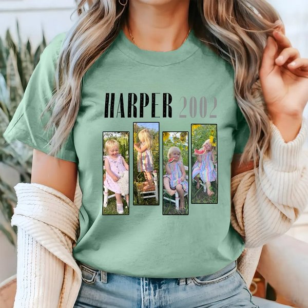 Personalisierte Retro 1-4 Fotos Multicolor T-shirt Sweatshirt mit Text und Geburtsjahr täglich tragen Geburtstagsgeschenk für Familie Freunde