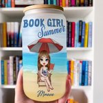Personalized Summer Book Girl Cartoon Character Name 20 oz Frosted Glass Tumbler with Bamboo Lid and Straw Holiday Vacation Birthday Gift for Women