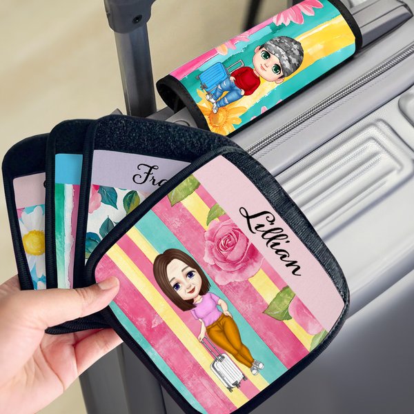 Personalized Colorful Floral Stripes Cartoon Character Luggage Handle Wrap with Name Set of 2 Travel Accessories Birthday Gift for Family Kids
