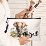 Personalised Watercolour or Jungle Elephant Design Linen Makeup Bag with Name and Wristlet Travel Accessories Birthday Gift for Women Elephant Lovers