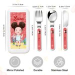 Personalized Cute Cartoon Kid Safe Stainless Steel Fork Spoon Knife 3 Pcs Cutlery Set with Name and Case Back to School Birthday Gift for Boys Girls