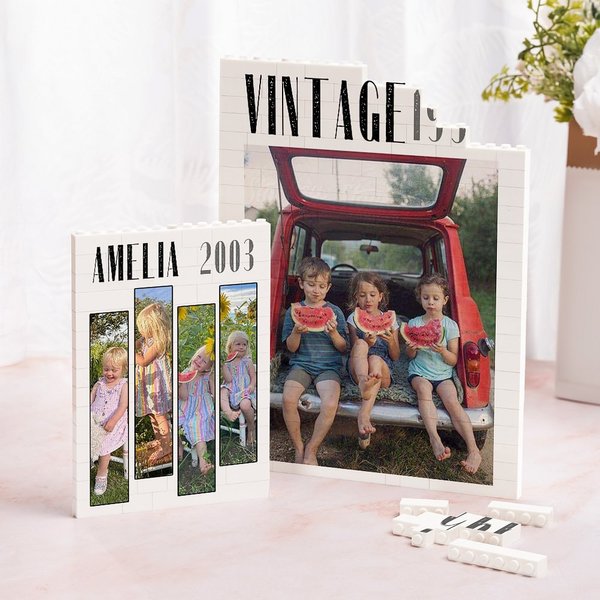 Personalized Retro Film 1-4 Photos Building Block Puzzles with Name and Year Home Decor Anniversary Birthday Gift for Family Friends