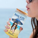 Personalized Summer Book Girl Cartoon Character Name 20 oz Frosted Glass Tumbler with Bamboo Lid and Straw Holiday Vacation Birthday Gift for Women