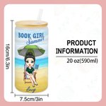 Personalized Summer Book Girl Cartoon Character Name 20 oz Frosted Glass Tumbler with Bamboo Lid and Straw Holiday Vacation Birthday Gift for Women