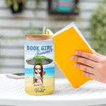 Personalized Summer Book Girl Cartoon Character Name 20 oz Frosted Glass Tumbler with Bamboo Lid and Straw Holiday Vacation Birthday Gift for Women