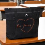 Personalized Heart A Great Teacher Large Oxford Tote Bag with Text and Mesh Pockets Back to School Teachers' Day Gift for Teacher