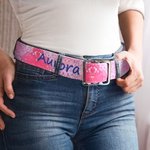 Personalized Embroidery Pink Flower Fantasy Butterfly Canvas Belt with Name and Adjustable Buckle Birthday Gift for Women Girls