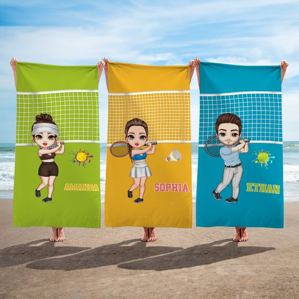 Personalised Tennis Badminton Pickleball Cartoon Character Quick Dry Beach Towel with Name Beach Party Essential Birthday Gift for Sport Lovers