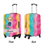 Personalized Colorful Flower Stripes Cartoon Travel Character Luggage Cover Fits 18-32 Inches Suitcase with Name Birthday Gift for Family Friends