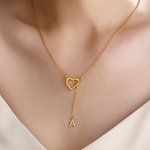 Personalized Heart Lariat Necklace with Dangling Zirconia Initial Dainty Jewelry Birthday Valentine's Day Anniversary Gift for Women