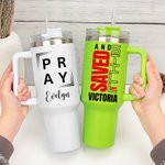 Personalised Multicolour Christian Theme 40 oz Tumbler with Name and Straw Travel Accessories Baptism Birthday Gift for Christians