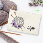 Personalized Birth Flower Yarn Ball Canvas Makeup Bag with Name and Zipper Birthday Holiday Gift for Knitting Lovers