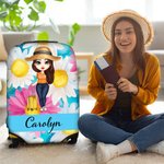 Personalized Colorful Flower Stripes Cartoon Travel Character Luggage Cover Fits 18-32 Inches Suitcase with Name Birthday Gift for Family Friends