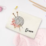 Personalized Birth Flower Yarn Ball Canvas Makeup Bag with Name and Zipper Birthday Holiday Gift for Knitting Lovers