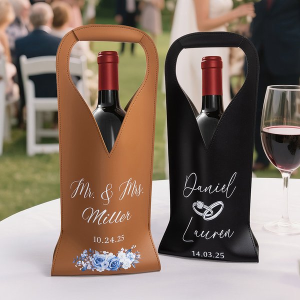 Gepersonaliseerde Bruiloft PU Leren Wijntas voor Bruid met Naam en Handvat Beschermende Wijn Accessoires Verlovingsgeschenk voor Wijnliefhebbers Paar