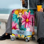 Personalized Colorful Flower Stripes Cartoon Travel Character Luggage Cover Fits 18-32 Inches Suitcase with Name Birthday Gift for Family Friends