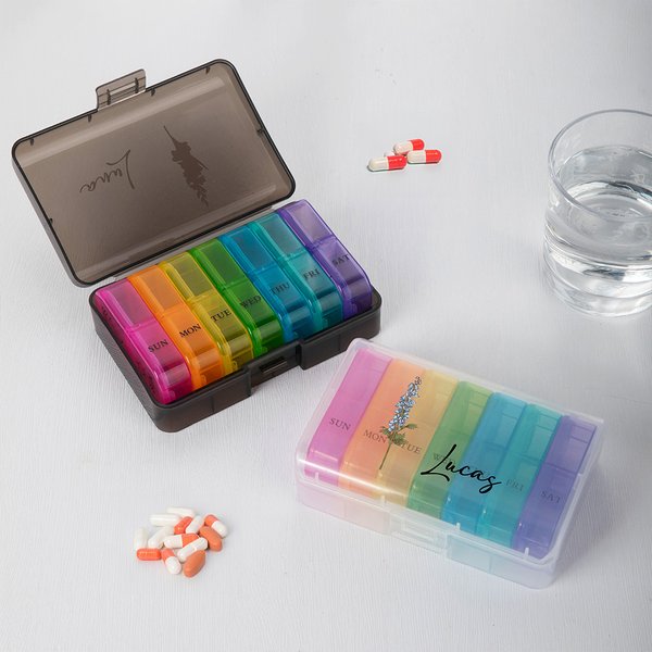 Personalized Birth Flower Rainbow-Coloured Portable Weekly Pill Organizer Box with Name Travel Accessory Daily Medication Gift for Family Friends