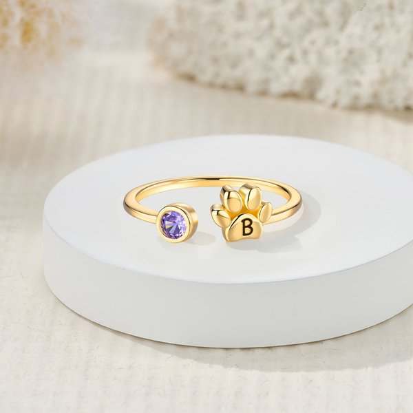 Personalizado perro pata de impresión piedra de nacimiento ajustable anillo abierto con grabado inicial de cumpleaños Memorial de recuerdo de regalo para las mujeres amantes de las mascotas