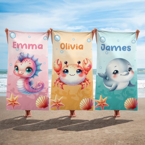 Personalized Cartoon Jellyfish Turtle Ocean Animals Quick Dry Oversized Beach Towel with Name Summer Party Travel Essential Gift for Kids