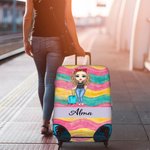 Personalized Colorful Flower Stripes Cartoon Travel Character Luggage Cover Fits 18-32 Inches Suitcase with Name Birthday Gift for Family Friends