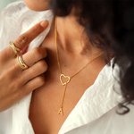 Personalized Heart Lariat Necklace with Dangling Zirconia Initial Dainty Jewelry Birthday Valentine's Day Anniversary Gift for Women