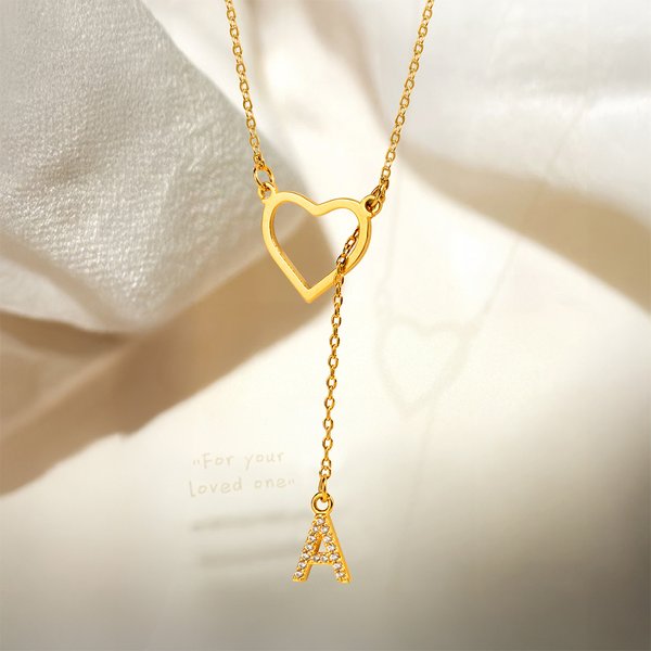 Personalised Heart Lariat Necklace with Dangling Zirconia Initial Dainty Jewellery Birthday Valentine's Day Anniversary Gift for Women