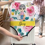 Personalized Colorful Flower Stripes Cartoon Travel Character Luggage Cover Fits 18-32 Inches Suitcase with Name Birthday Gift for Family Friends