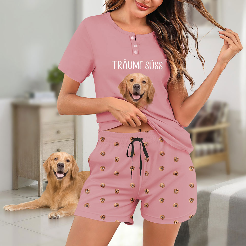 Personalisierter Hund Katze Haustier Foto Damen Schlafanzug mit Text Weicher Kurze Ärmel Pyjama Geburtstag Geschenk für Tierliebhaber Haustierbesitzer