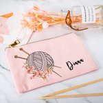 Personalized Birth Flower Yarn Ball Canvas Makeup Bag with Name and Zipper Birthday Holiday Gift for Knitting Lovers