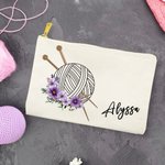 Personalized Birth Flower Yarn Ball Canvas Makeup Bag with Name and Zipper Birthday Holiday Gift for Knitting Lovers