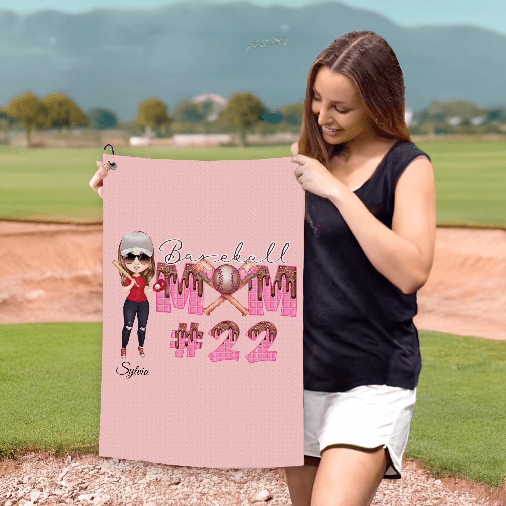 Custom Baseball Mom Towel with Dripping Ice Cream Name and Number, Quick Dry Waffle Sport Towel with Hanging Strap, Gift for Baseball Lover/Player