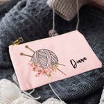 Personalized Birth Flower Yarn Ball Canvas Makeup Bag with Name and Zipper Birthday Holiday Gift for Knitting Lovers