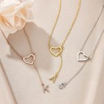 Personalized Heart Lariat Necklace with Dangling Zirconia Initial Dainty Jewelry Birthday Valentine's Day Anniversary Gift for Women