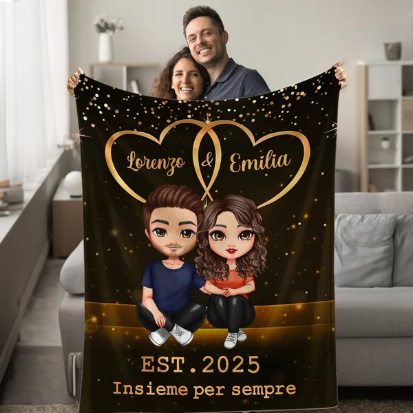 Coperta personalizzata con una coppia in stile cartone animato cielo stellato cuore morbida con nomi e anno regalo di San Valentino per coppie