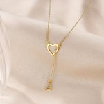 Personalized Heart Lariat Necklace with Dangling Zirconia Initial Dainty Jewelry Birthday Valentine's Day Anniversary Gift for Women