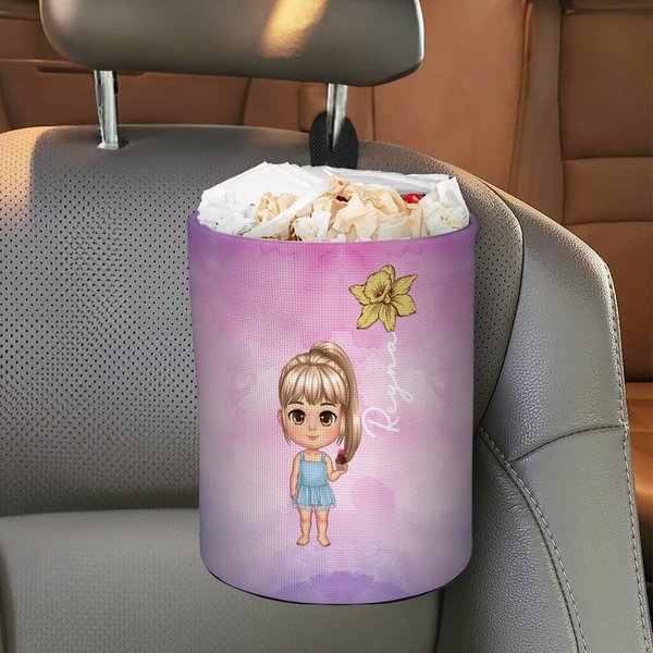 Personalized Cartoon Character Birth Flower Watercolor Hanging Car Trash Can with Name Car Accessory Birthday Gift for Family Car Owner