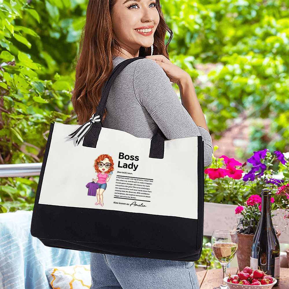 Personalized Cartoon Boss Lady Character and Name Canvas Tote Bag, Large Minimalist Black and White Patchwork Tote, Gift for Business Women