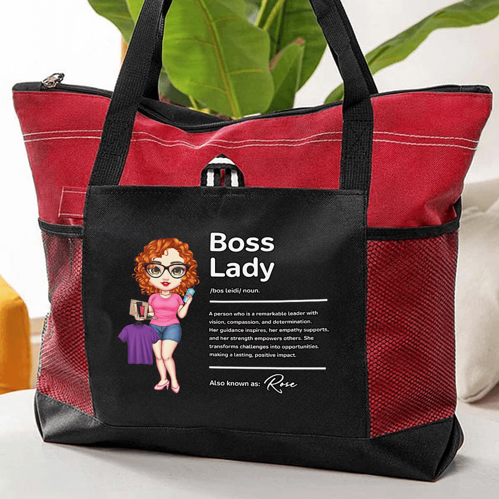 Personalized Cartoon Boss Lady Clipart Tote Bag with Name, Multi-color Large Capacity Work Bag with Mesh Pocket, Gifts for Female Workers