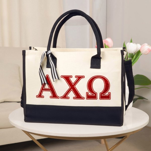 Personalized Glitter Greek Initial Large Canvas Tote Bag Chapter Party Pride Bid Day Sorority Gift for Sister Friends | Callie × Affinity Licensing