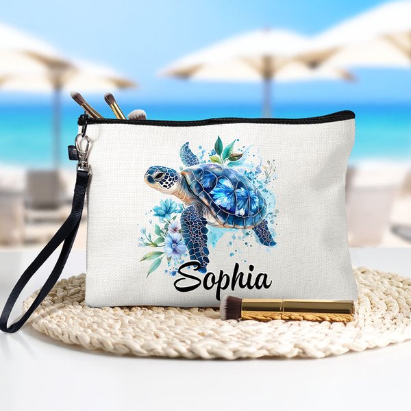 Personalized Floral Sea Turtle Makeup Bag with Name and Wrist Strap Travel Accessory Birthday Gift for Women