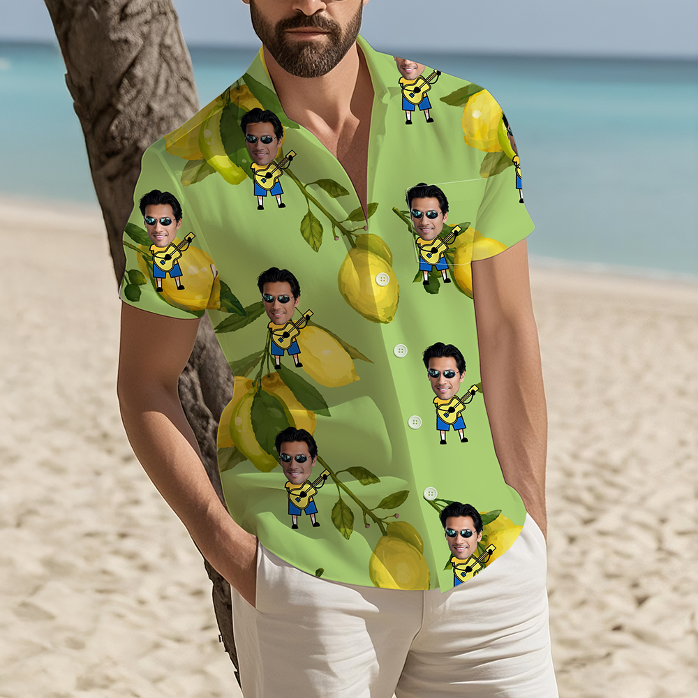 Personalisiertes Hawaiihemd mit Zitrone-Muster Porträtfoto Weiches Shirt Strand Party Urlaub Geburtstag Geschenk für Herren Freunde Reisen-Liebhaber