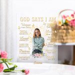 Henkilökohtainen Butterfly Floral Raamattu Jumala sanoo, että olen läpinäkyvä akryylilaatta, jossa on pohja ja nimi Syntymäpäivä Uskonnollinen kaste lahja kristityille