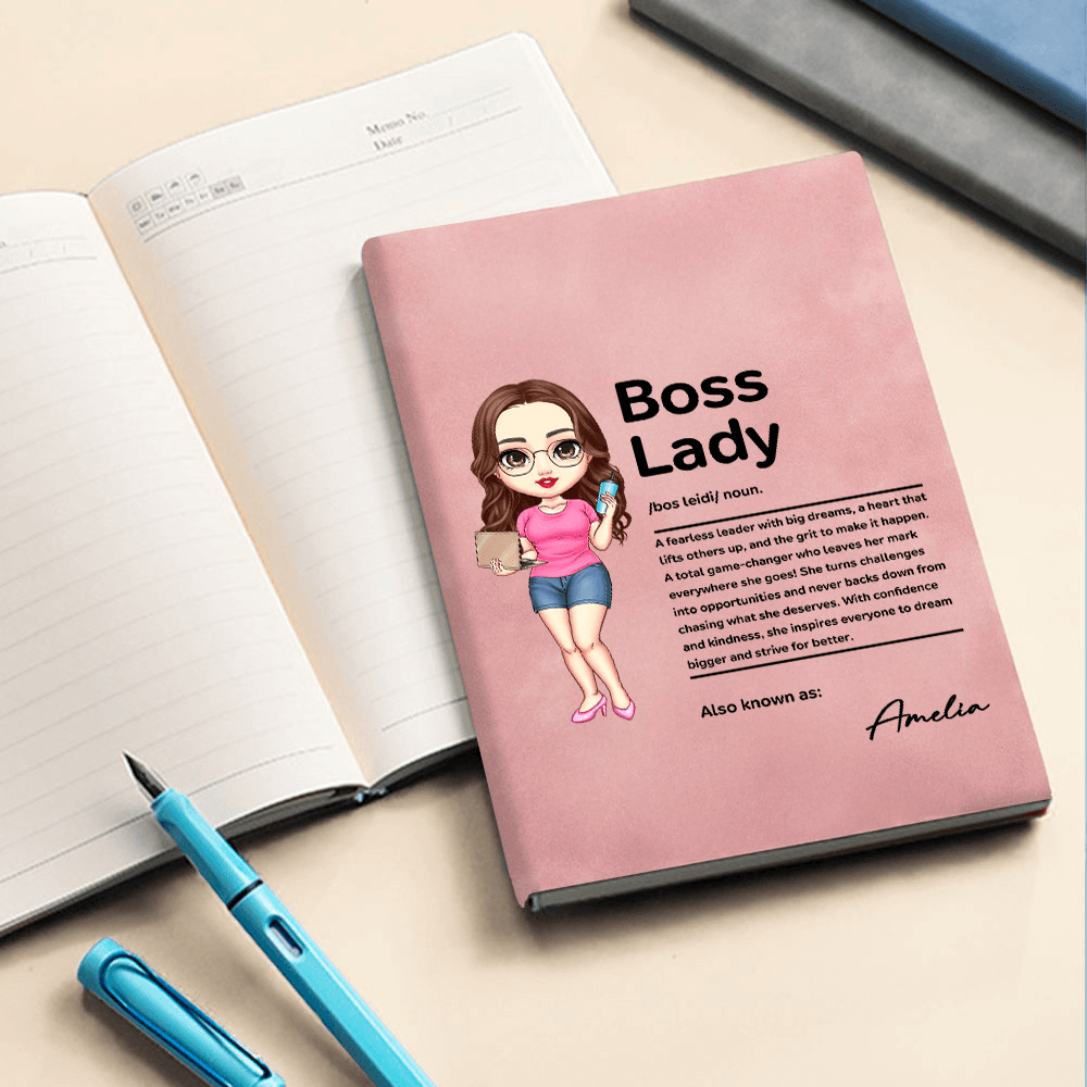 Personalized Cartoon Boss Lady Character Leather Journal with Name, Motivational Notebook, Travel Accessory, Gift for Female Workers