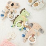 Personalized Cute Dino Rabbit Koala Teether Crinkle Baby Security Blanket with Embroidered Name Birthday Baby Shower Gift for Newborns