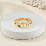 Personlig Double Birthstones Cross Ring Dainty Smykker med gravert tekst Bursdag Jubileum Gave til kristne kvinner par