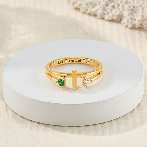 Personlig Double Birthstones Cross Ring Dainty Smykker med gravert tekst Bursdag Jubileum Gave til kristne kvinner par
